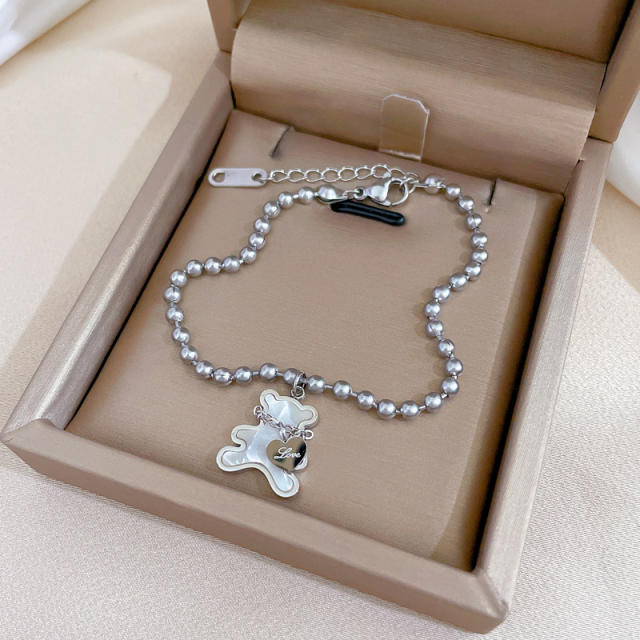 Elegant cute mother shell bear charm stainless steel bead bracelet