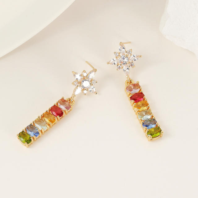 Luxury rainbow cz diamond snowflake copper earrings