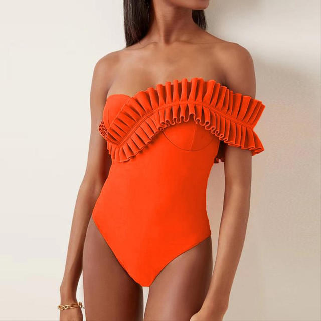 Plain color orange one shoulder one piece swimsuit