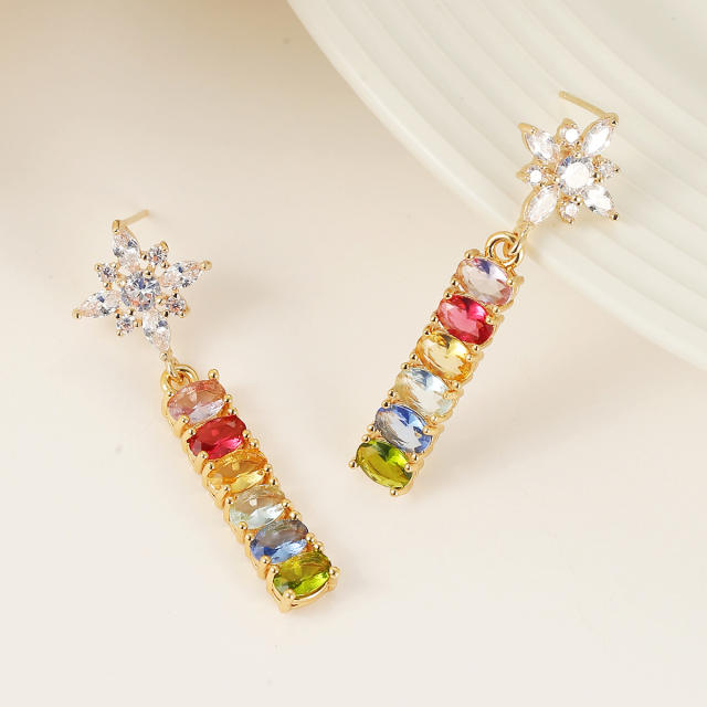 Luxury rainbow cz diamond snowflake copper earrings