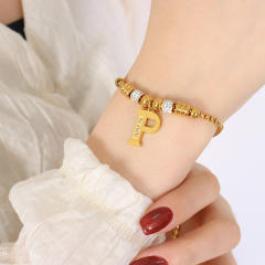 Delicate initial charm stainless steel slide bracelet