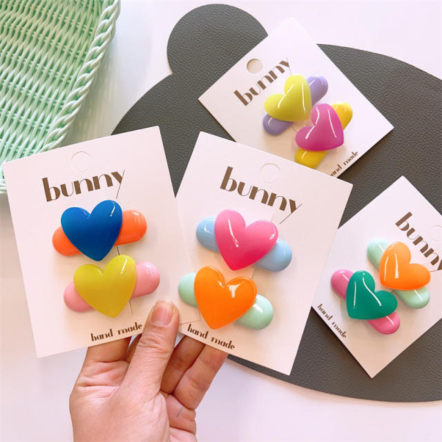 Korean fashion 2pcs candy color resin heart duckbill hair clips set