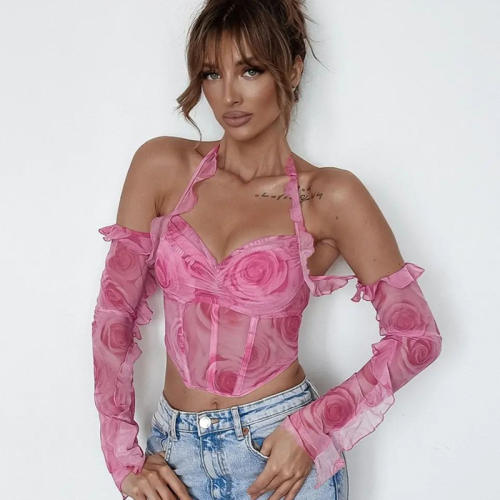 Y2K sexy rose flower corset halter crop tops