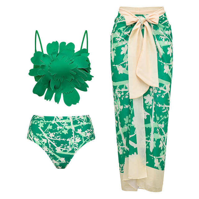 Vintage stereo flower one piece green color swimsuit set