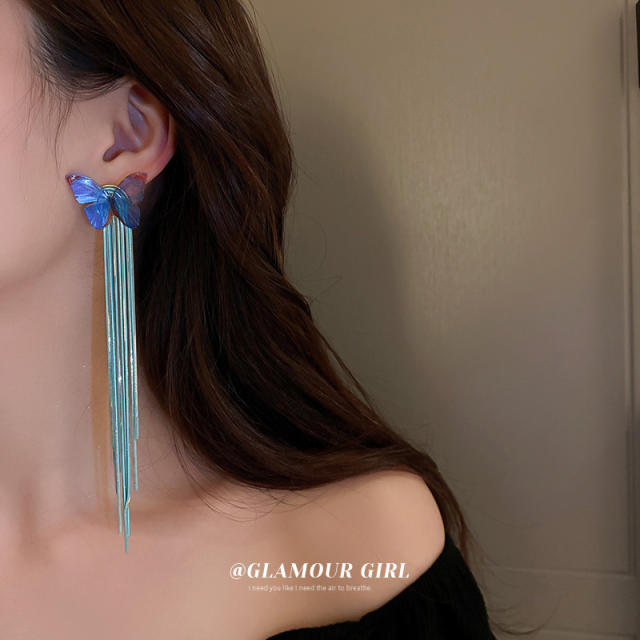 Elegant color butterfly long tassel earrings