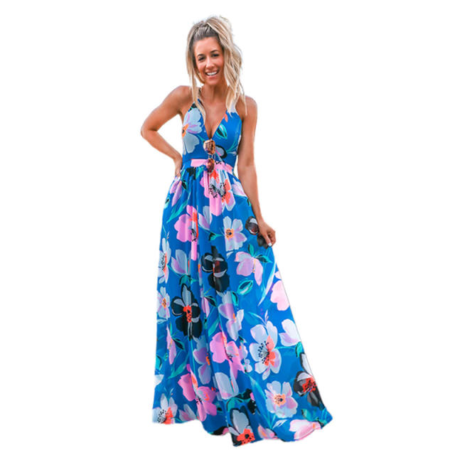 Summer v neck floral pattern maxi beach dress
