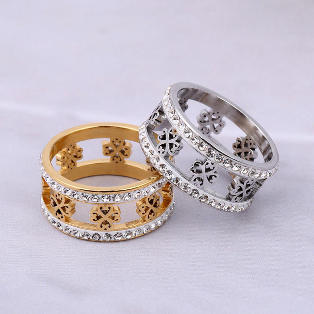 Vintage hollow clover two line diamond stainless steel rings