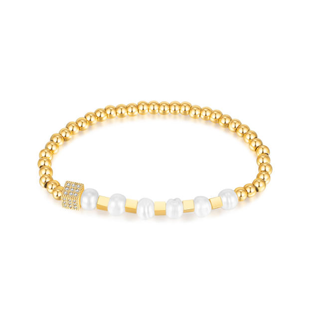 INS water pearl bead diamond cube stainless steel bracelet