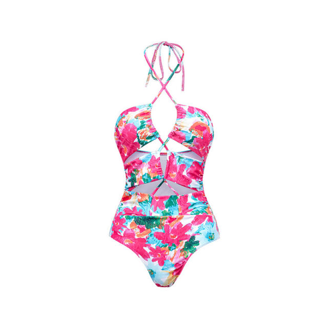 Floreal pattern one piece strappy swimsuit set