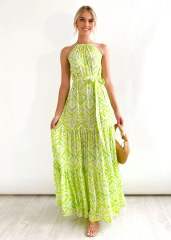 Boho fresh green color pattern maxi beach dress