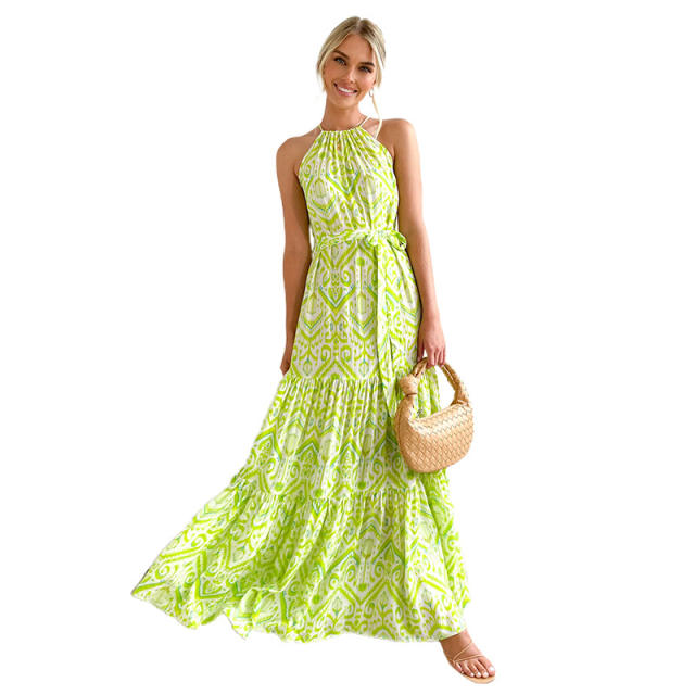 Boho fresh green color pattern maxi beach dress