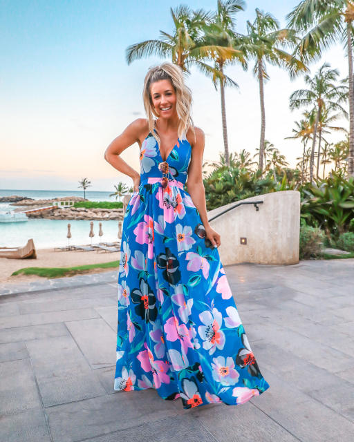 Summer v neck floral pattern maxi beach dress