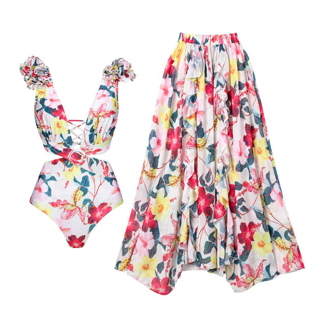 Summer design floral pattern one piece swimsuit set