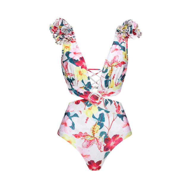 Summer design floral pattern one piece swimsuit set