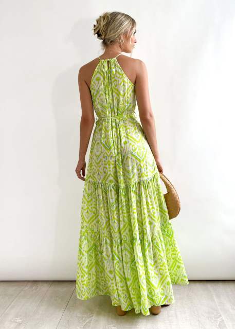 Boho fresh green color pattern maxi beach dress