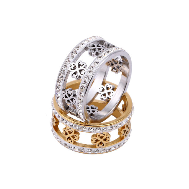 Vintage hollow clover two line diamond stainless steel rings