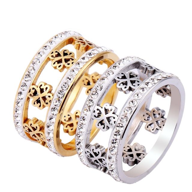 Vintage hollow clover two line diamond stainless steel rings