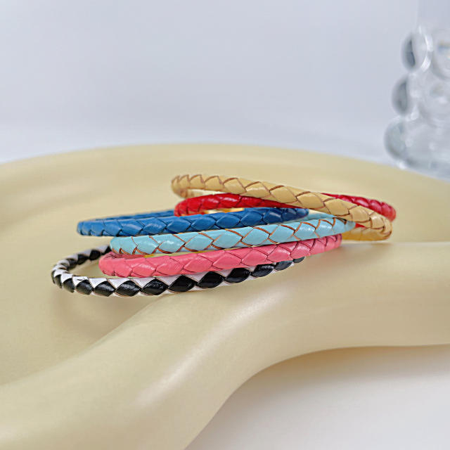 INS colorful leataher braid stainless steel cuff bangle