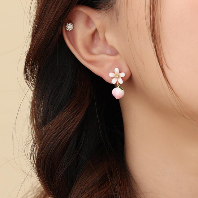 INS sweet pink peach flower earrings
