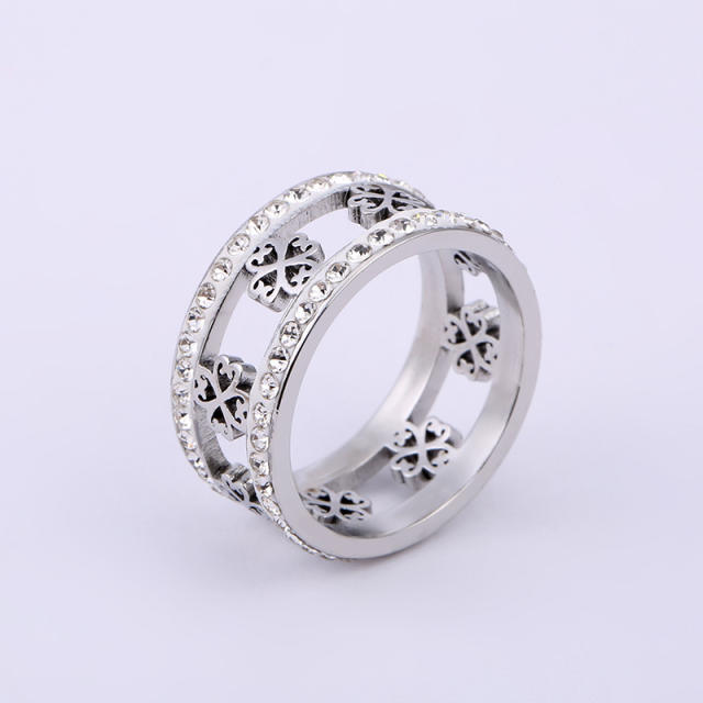 Vintage hollow clover two line diamond stainless steel rings