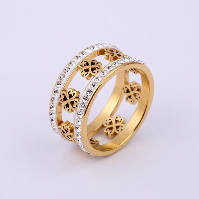 Vintage hollow clover two line diamond stainless steel rings