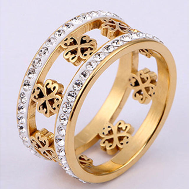 Vintage hollow clover two line diamond stainless steel rings