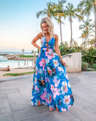 Summer v neck floral pattern maxi beach dress