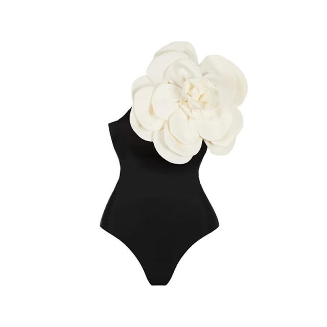Vintage plain color stereo flower one piece swimsuit