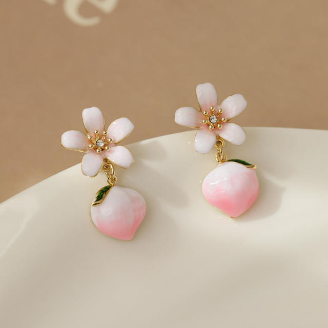 INS sweet pink peach flower earrings