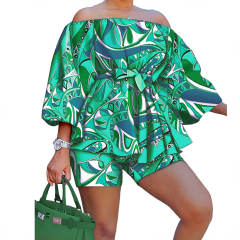 Hot sale summer off shoulder color pattern shorts tops set plus size