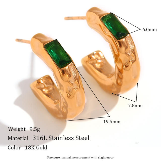 Vintage color cubic zircon stainless steel open hoop earrings