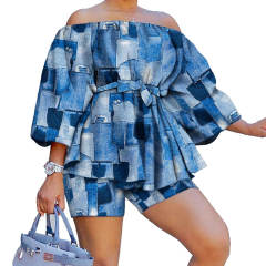 Hot sale summer off shoulder color pattern shorts tops set plus size