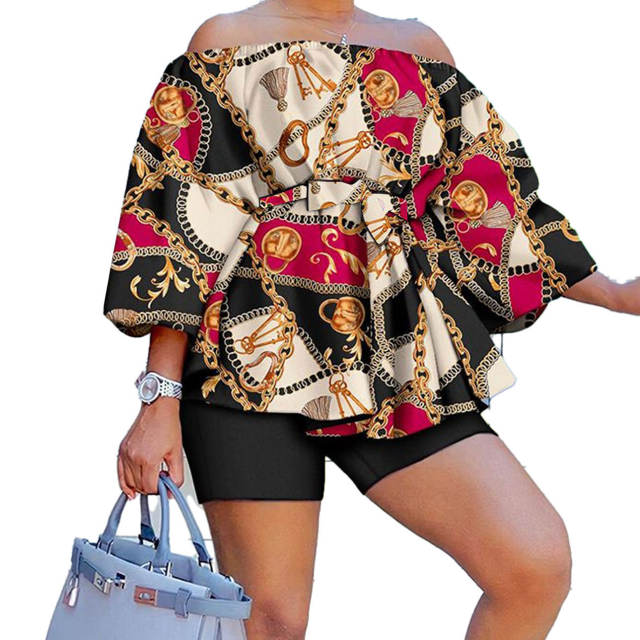 Hot sale summer off shoulder color pattern shorts tops set plus size