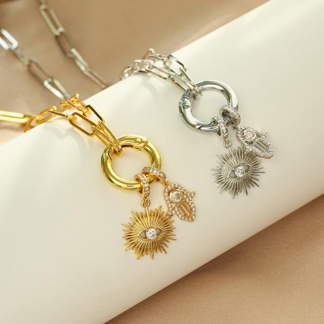 Delicate cubic zircon evil eye hasma hand pendant copper necklace