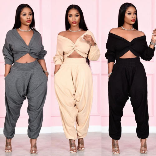 Sexy plain color cross crop tops pants set