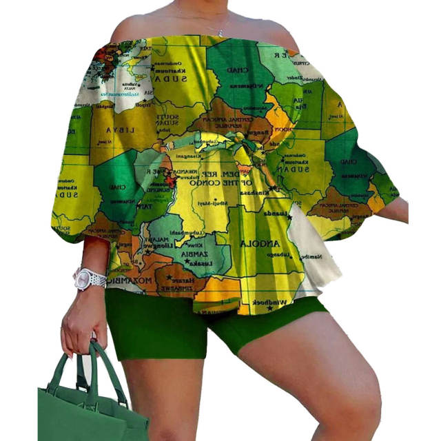 Hot sale summer off shoulder color pattern shorts tops set plus size