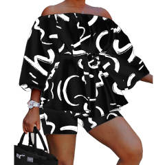 Hot sale summer off shoulder color pattern shorts tops set plus size