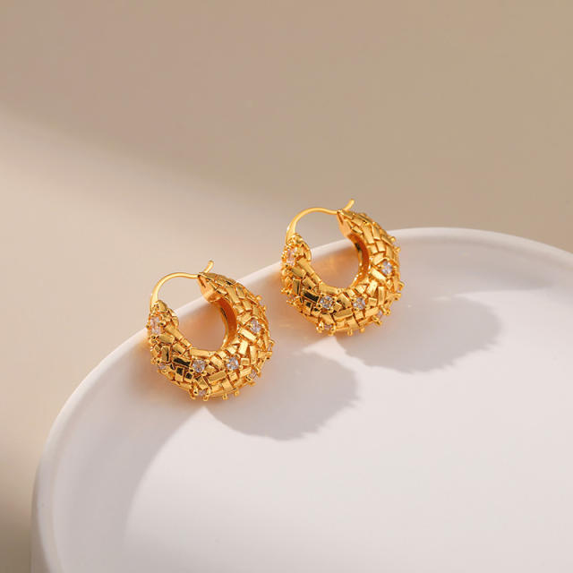 Chunky 18KG copper cubic zircon huggie earrings