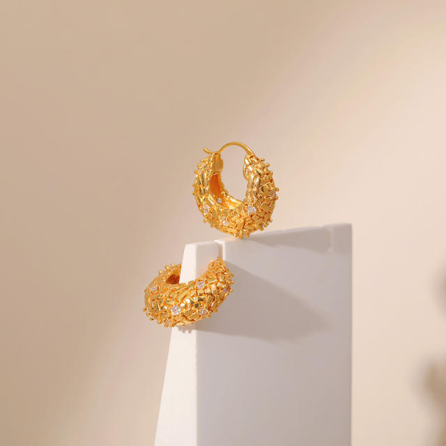 Chunky 18KG copper cubic zircon huggie earrings