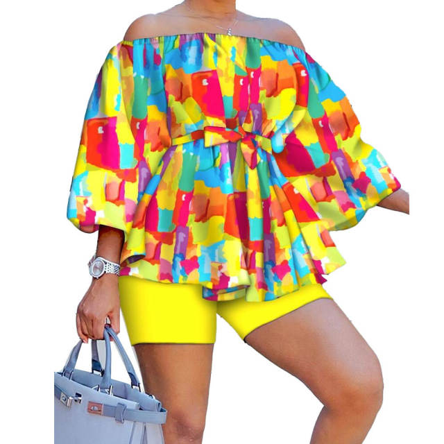 Hot sale summer off shoulder color pattern shorts tops set plus size