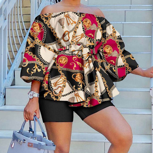 Hot sale summer off shoulder color pattern shorts tops set plus size