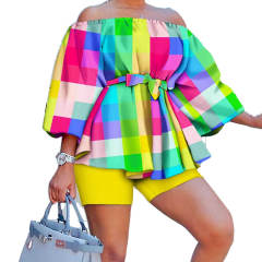 Hot sale summer off shoulder color pattern shorts tops set plus size