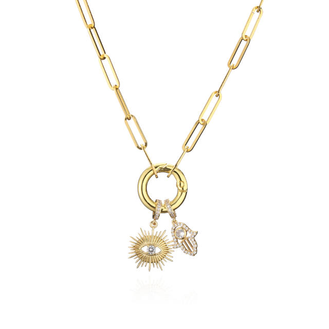 Delicate cubic zircon evil eye hasma hand pendant copper necklace