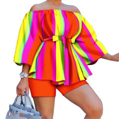Hot sale summer off shoulder color pattern shorts tops set plus size