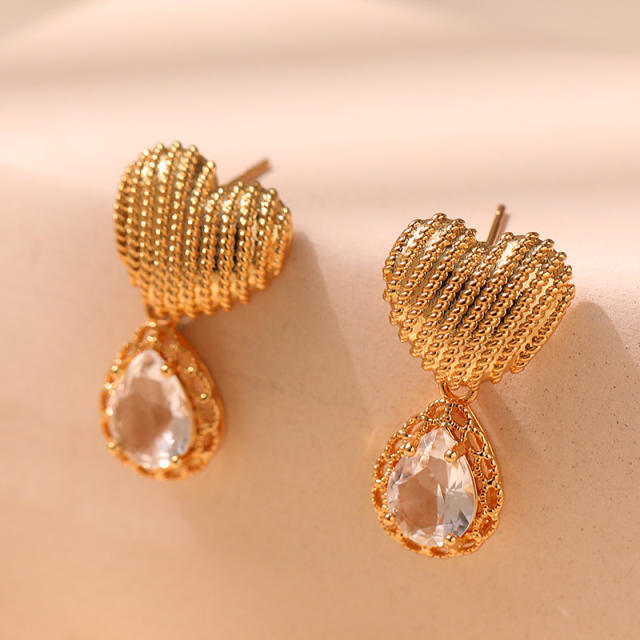 18KG copper cubic zircon drop heart earrings