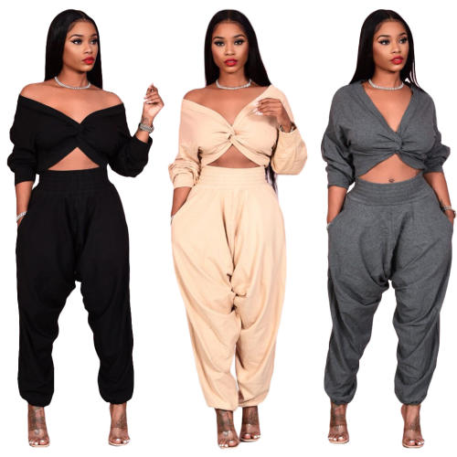 Sexy plain color cross crop tops pants set