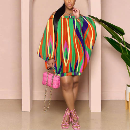 Sexy off shoulder color pattern one piece dress PLUS SIZE
