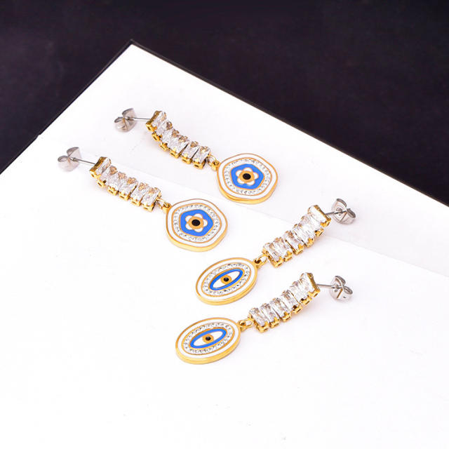 Delicate diamond evil eye stainless steel earrings