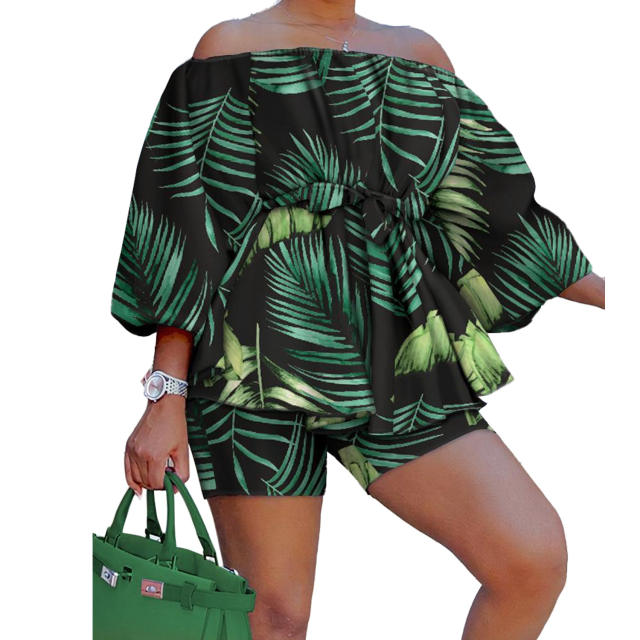 Hot sale summer off shoulder color pattern shorts tops set plus size