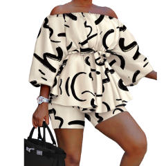 Hot sale summer off shoulder color pattern shorts tops set plus size